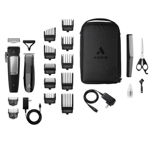 Andis inCRED Cordless Clipper & Cordless T-Blade Trimmer Kit, Lithium 23-Piece Kit, Black/Silver