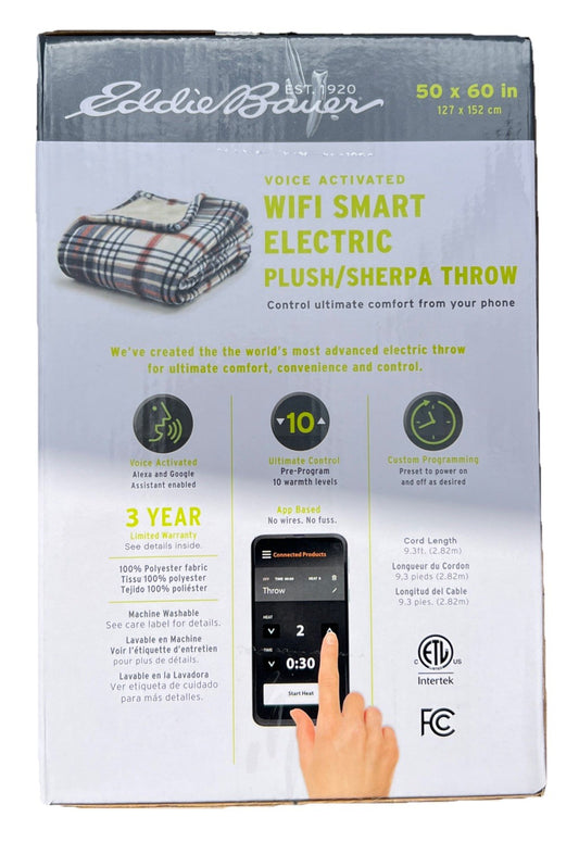 EDDIE BAUER | SMART HEATED ELECTRIC THROW BLANKET - WI-FI ENABLED - PLAID BLUE