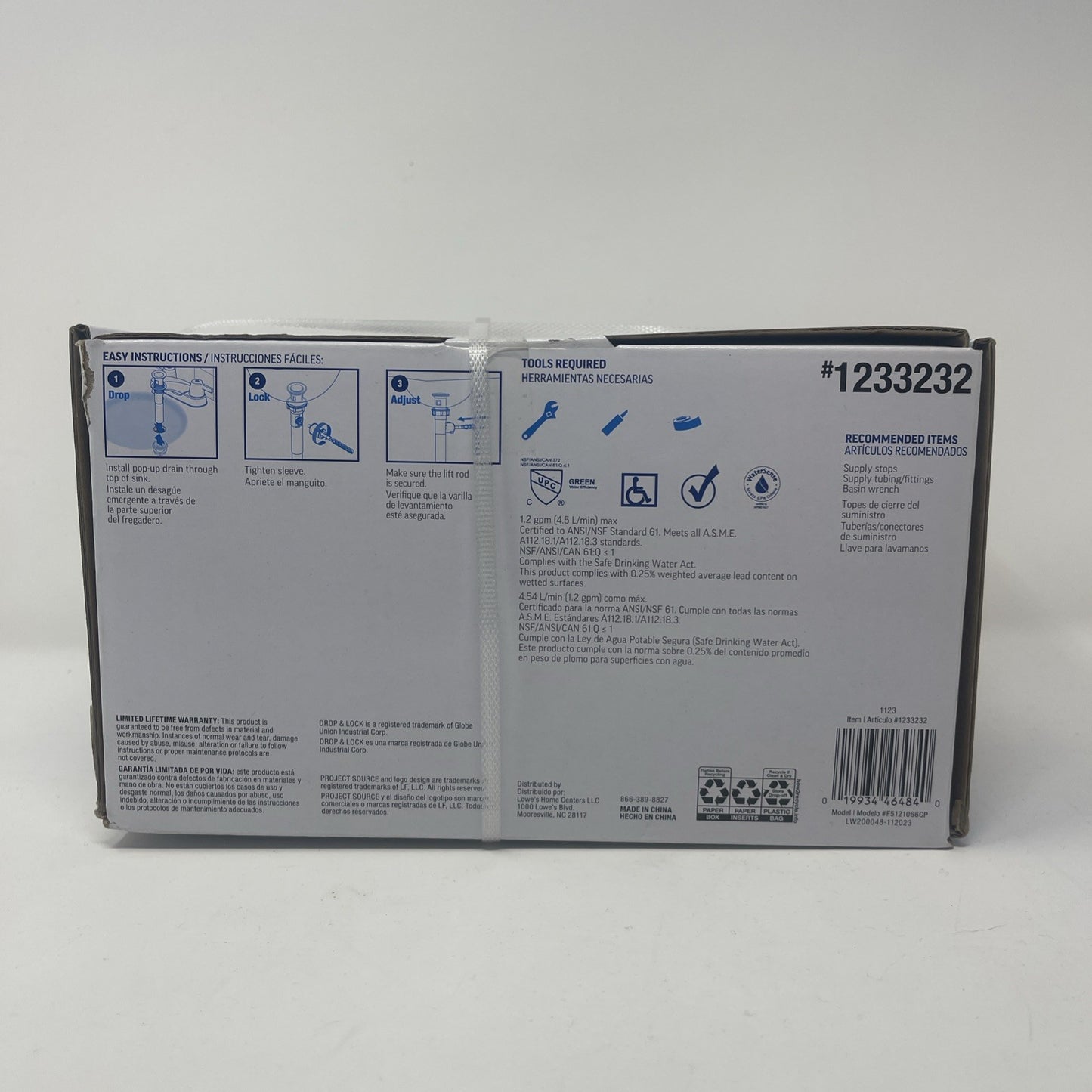 Project Source 1233232 2-Handle, 4" Centerset Bathroom Faucet, UPC 019934464840