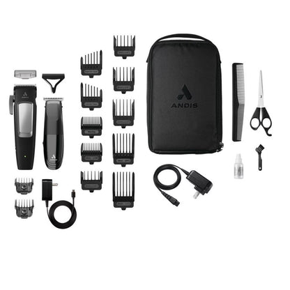 Andis inCRED Cordless Clipper & Cordless T-Blade Trimmer Kit, Lithium 23-Piece Kit, Black/Silver