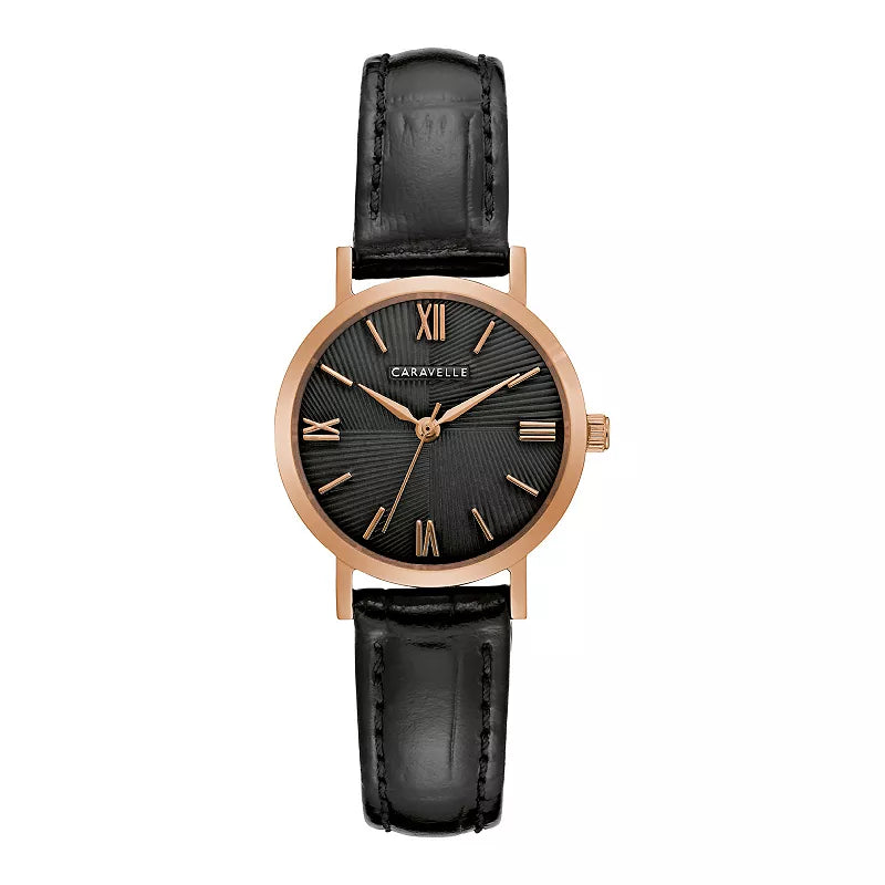 Caravelle by Bulova Women's Rose-Tone Stainless Steel Leather Strap Watch - 44L260