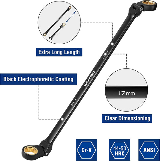 WORKPRO Extra Long Flex‑Head Ratcheting Wrench Set