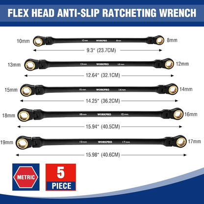 WORKPRO Extra Long Flex‑Head Ratcheting Wrench Set