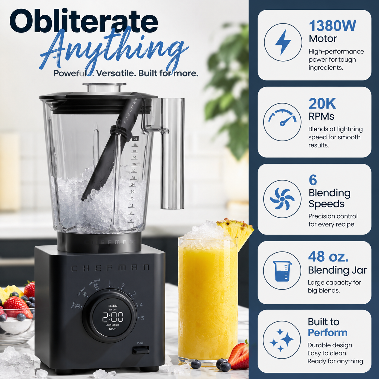 Chefman Obliterator 48oz Countertop Blender W/ 20oz Travel Jar and Tamper/Scraper Tool - Midnight