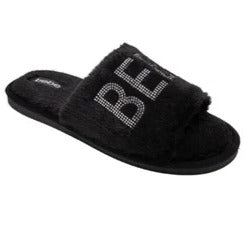 Bebe Women's Faux Fur Slide Bedroom Slippers w/ Embroidered Rhinestone Logo